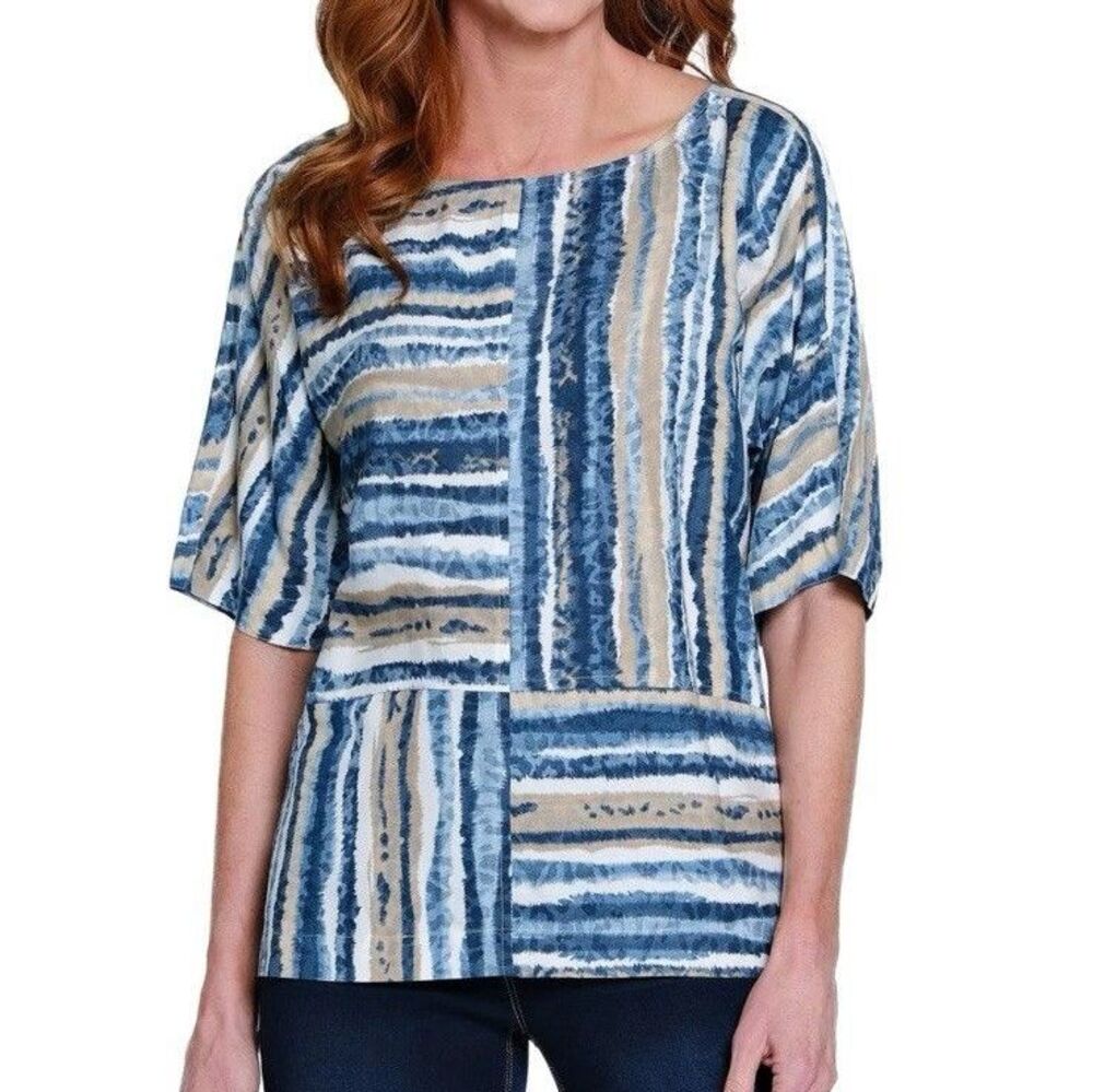 Ali Miles Striped Tunic Top Blouse Womens Size 2X  Linen Artsy Lagenlook Lagom